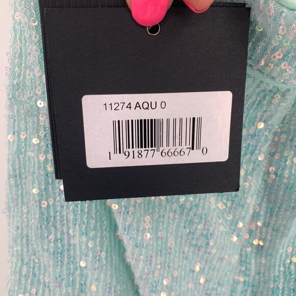 MAC DUGGAL Dress Size 0 Evening Gown Sequin Aqua NEW High Low Ruffle Cut Out - Picture 4 of 9